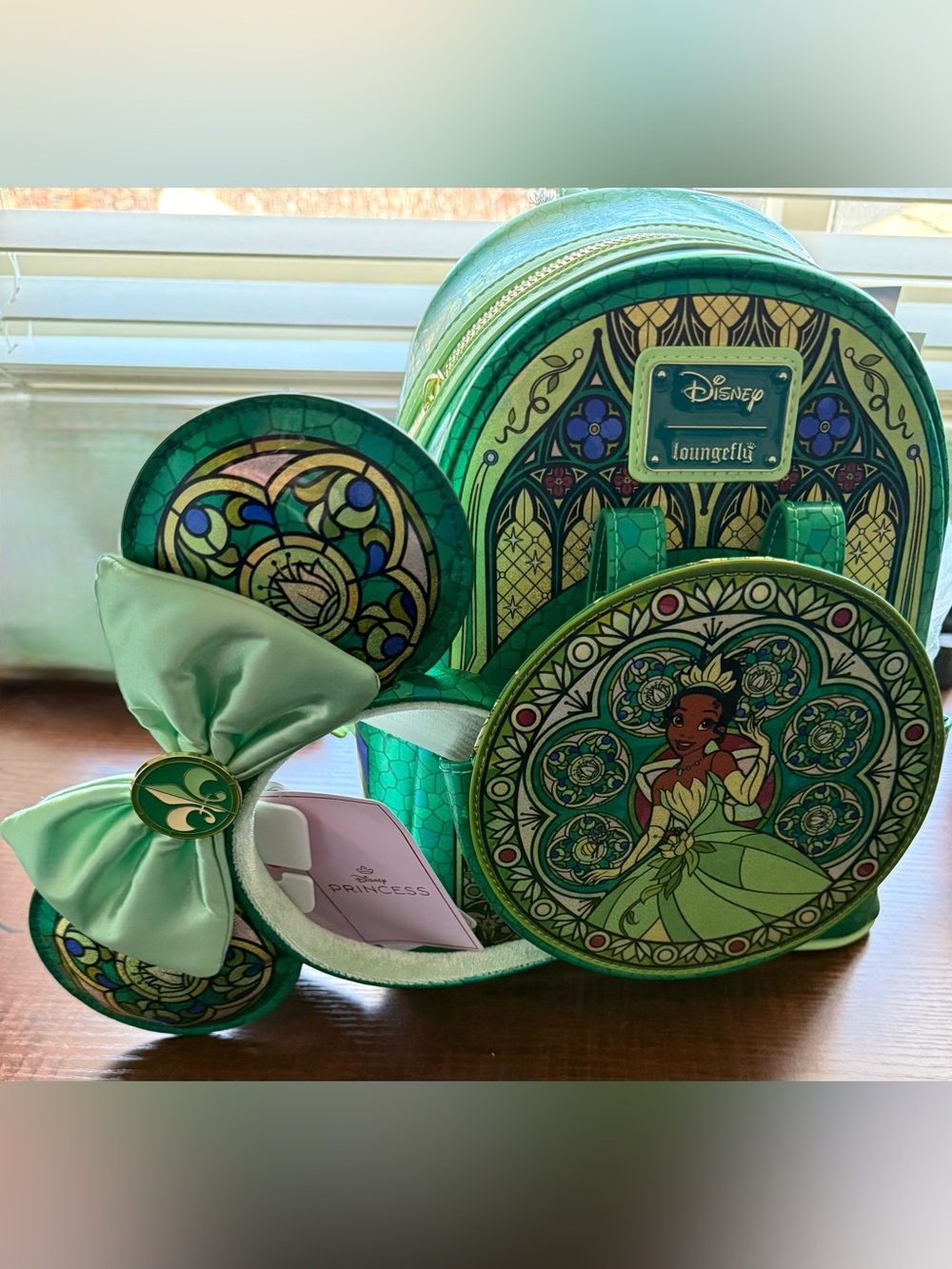 Loungefly Green Tiana Stained Glass Mini Backpack with Bow Ear Accessory *NWT
